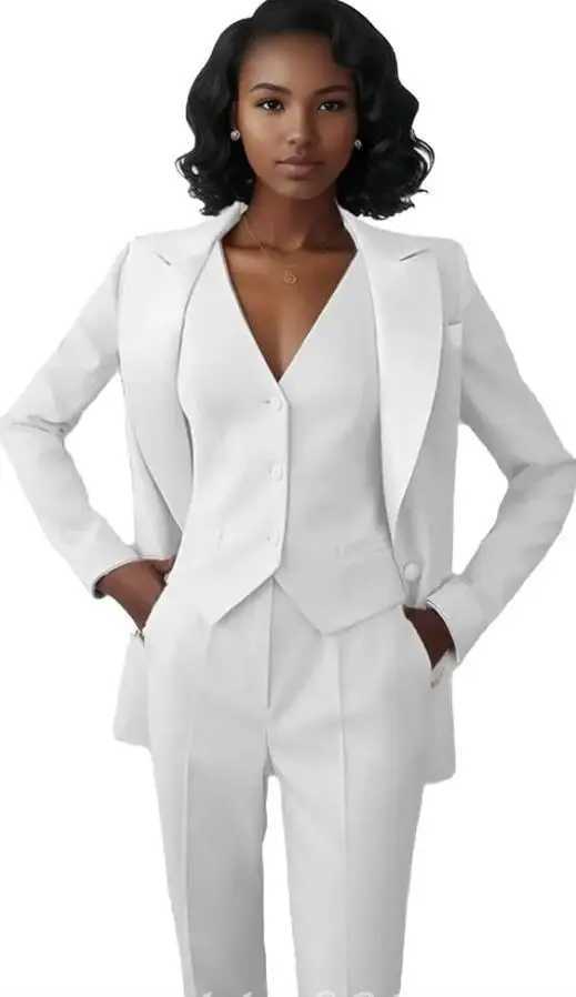 Fuchsia casual womens office suit jacket+vest+pants 3 pieces white formal womens business dress W241009