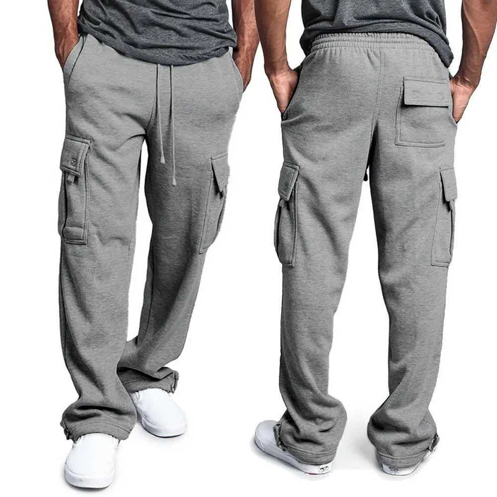 Mens loose drawstring multi pocket pants loose straight leg casual outdoor sports jogging solid color trend street pants W241009
