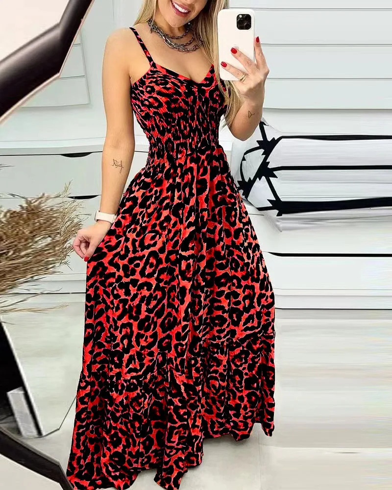 Summer leopard print camisole Vneck dress high waisted skirt sexy temperament long womens clothing plus size 241010