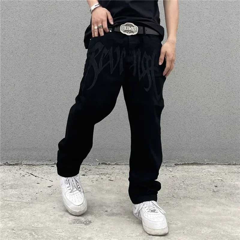 New Mens Baggy Jeans Black American Vintage Embroidery Letter Denim Pants Y2K Hip-hop Streetwear Straight Loose TrousersX241009
