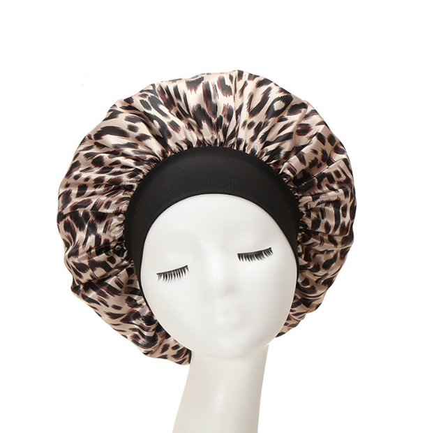 Women Wide Stretch Silk Satin Leopard Print Bandana Night Sleeping Turban Hat Headwrap Bonnet Chemo Cap Hair Accessorie
