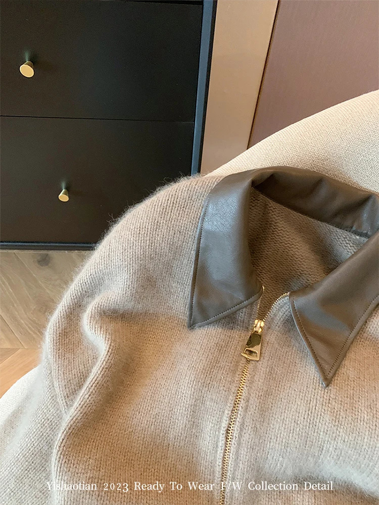 Chic Knitted Cardigan Women PU Turndown Collar Long Sleeve Female Loose Sweater 2024 Spring Korean Double Zipper Lady Top 241007