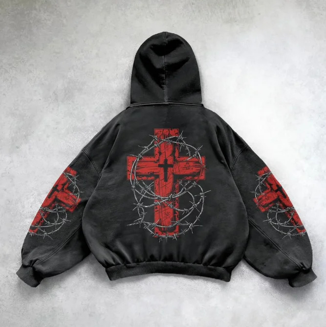 Harajuku Gothic Skull Cross Hooded Sweater Mens Hip Hop Punk y2k Exquisite Pattern Personalized Cotton Street Oneck Tshirt 241010