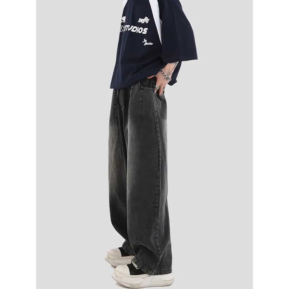 Street trend straight leg jeans for men and women spring American hip-hop personality retro loose wide leg casual pants y2kX241009