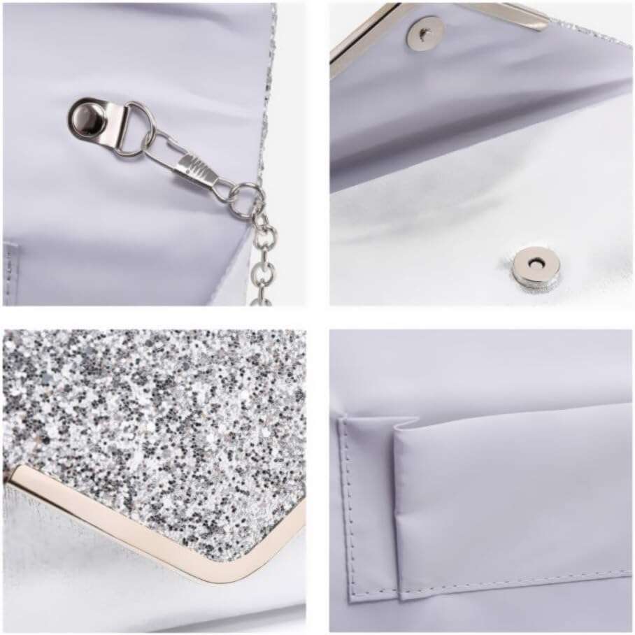 Women Evening Bags Formal Clutch Purses for Wedding Party Prom Handbags with Shoulder Strap and Glitter Flap