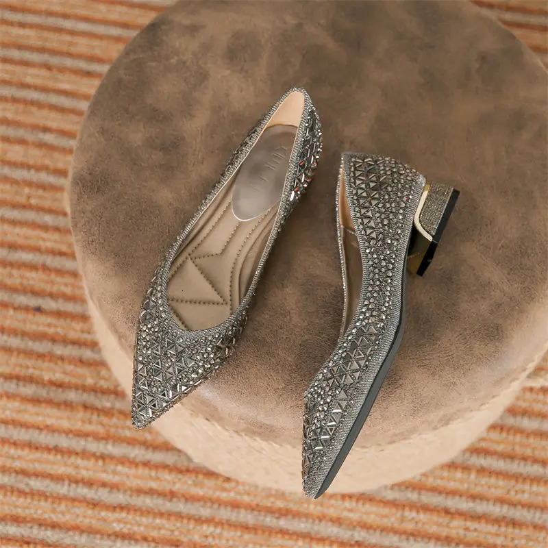 Woman Trafa Shoes Crystal Pumps Low Heeled Party Bride Wedding Shoes Female Sequin Loafers Ladies Dress High Heels 240927