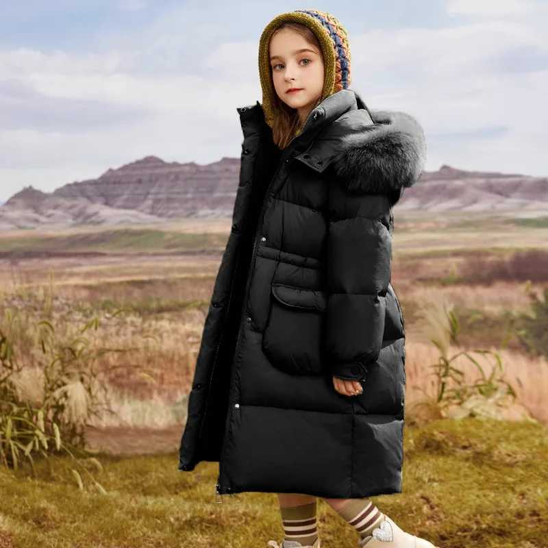 Down Coat 2024 Winter Girl 120-170cm Fashionable Fur Hooded Long Thick Warm Park Comes with a Coat Coat Two tone H241010
