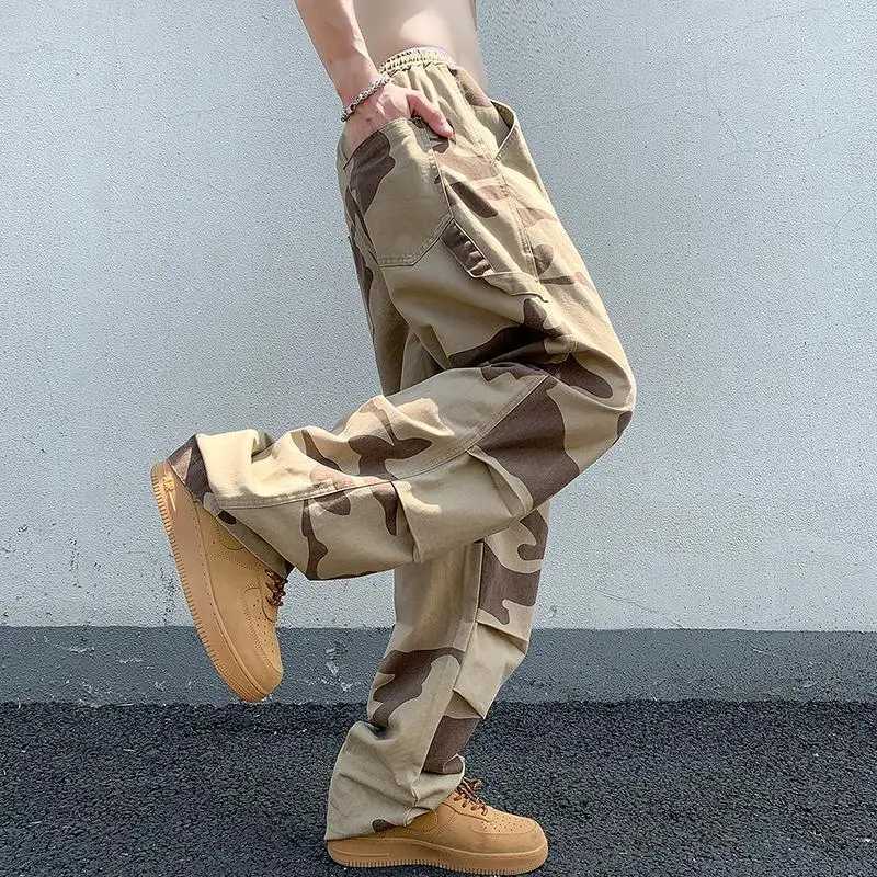 American trend retro summer casual cargo pants mens printed elastic waist pull rod high street loose wide leg mens W241009
