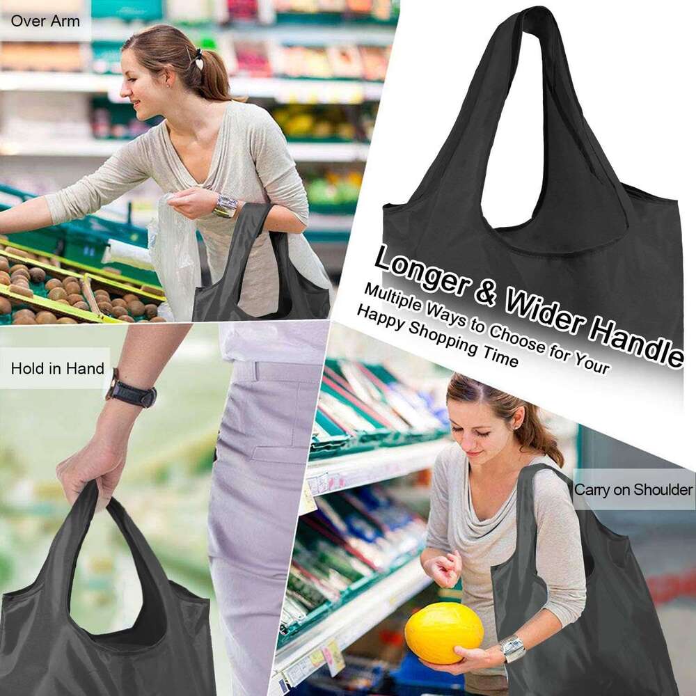 BeeGreen 10 Pack Black Storage Pouch Reusable Shopping Bulk with Elastic Band 50LBS X-Large-Foldable-Washable-Heavy Duty-Waterproof Grocery Tote Bags