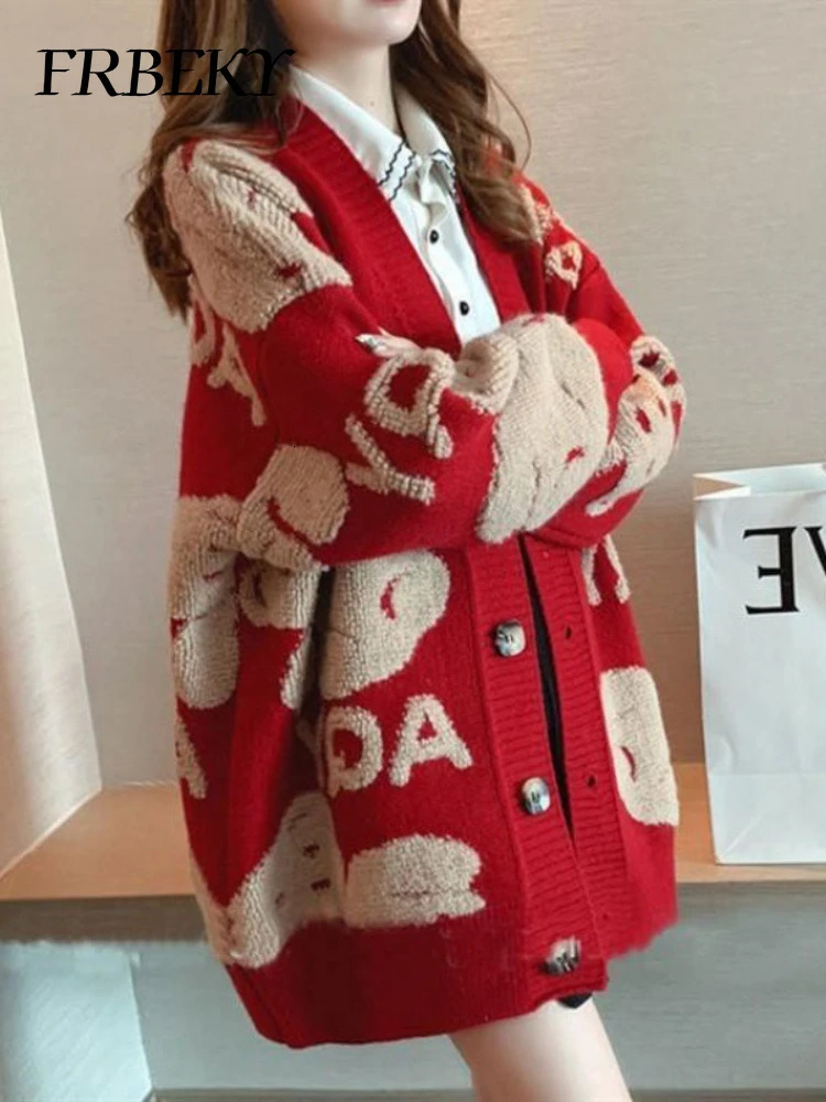 Cardigan Women Fashion Casual Sweater Jacket Loose Knitting Warm Cartoon Embroidery Vneck Jumper Knitted 241007