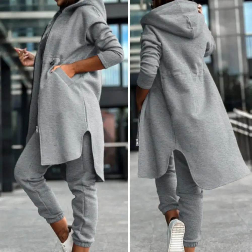 Breathable womens set hooded jacket pants irregular split hem long sleeved wool track suit elastic waist 241007