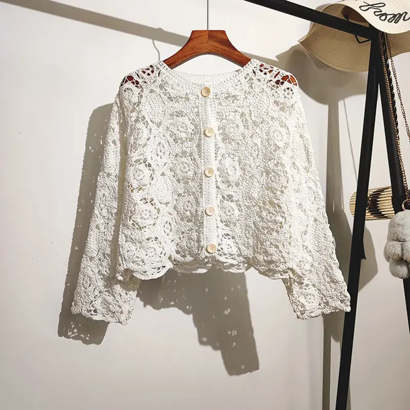 Lace Small Shawl Cotton Cardigan female 2023 spring and summer o neck long sleeve solid casual Versatile Hollow Female 240924