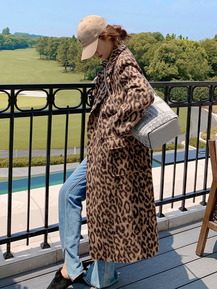 LanMREM Winter Leopard Wool Coat Womens Long Double Chest Fashion Street Clothing Clothing 2R7804 241007