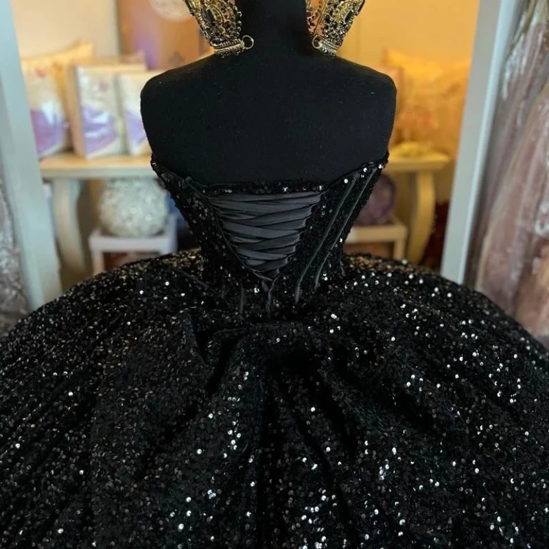 Black Shiny Sweetheart Quinceanera Dresses Off Shoulder Sequined Beads Chapel Train Corset Party Birthday Vestido De 15 Anos Sweet 16 Dress