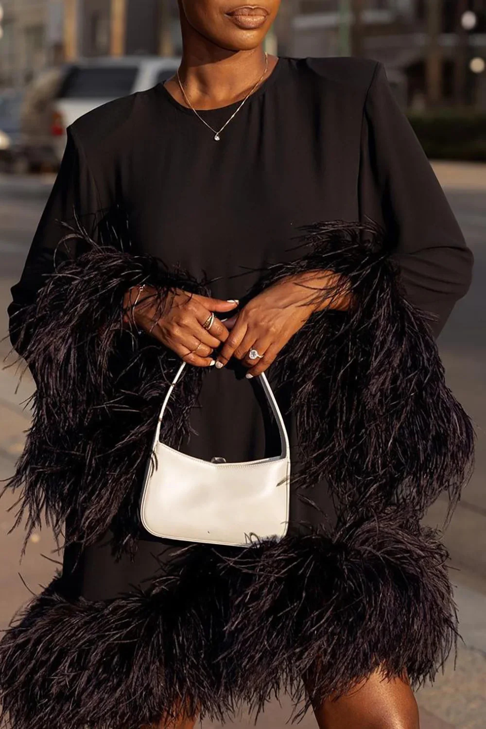 Women Casual Loose Plus Size Round Neck Flare Sleeves Feather Mini Party Dress Spring Autumn Fashion Splicing 241010