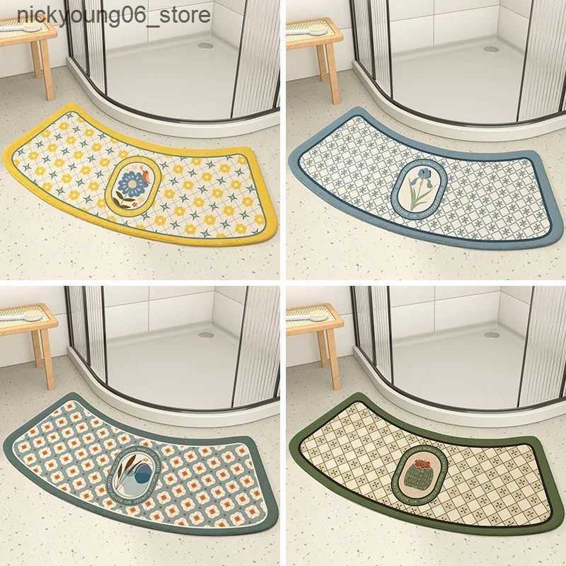 Non-Slip Bath Mats Arc-shaped Bath Mats Non-slip Bathroom Mat Fans Shaped Rug Quick-drying Absorbent Floor Rug Shower Room Plush Door Step Foot Pad L2