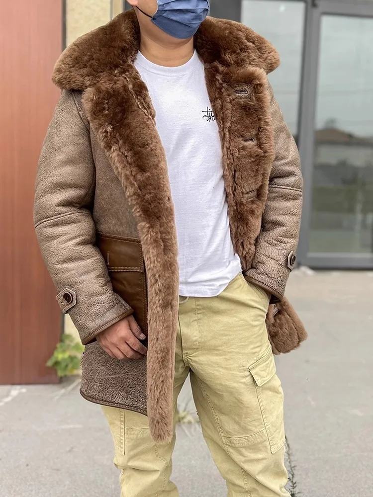 Mens fur coat winter thick warm wool lining single chest genuine leather wool coat medium length hooded coat 240927