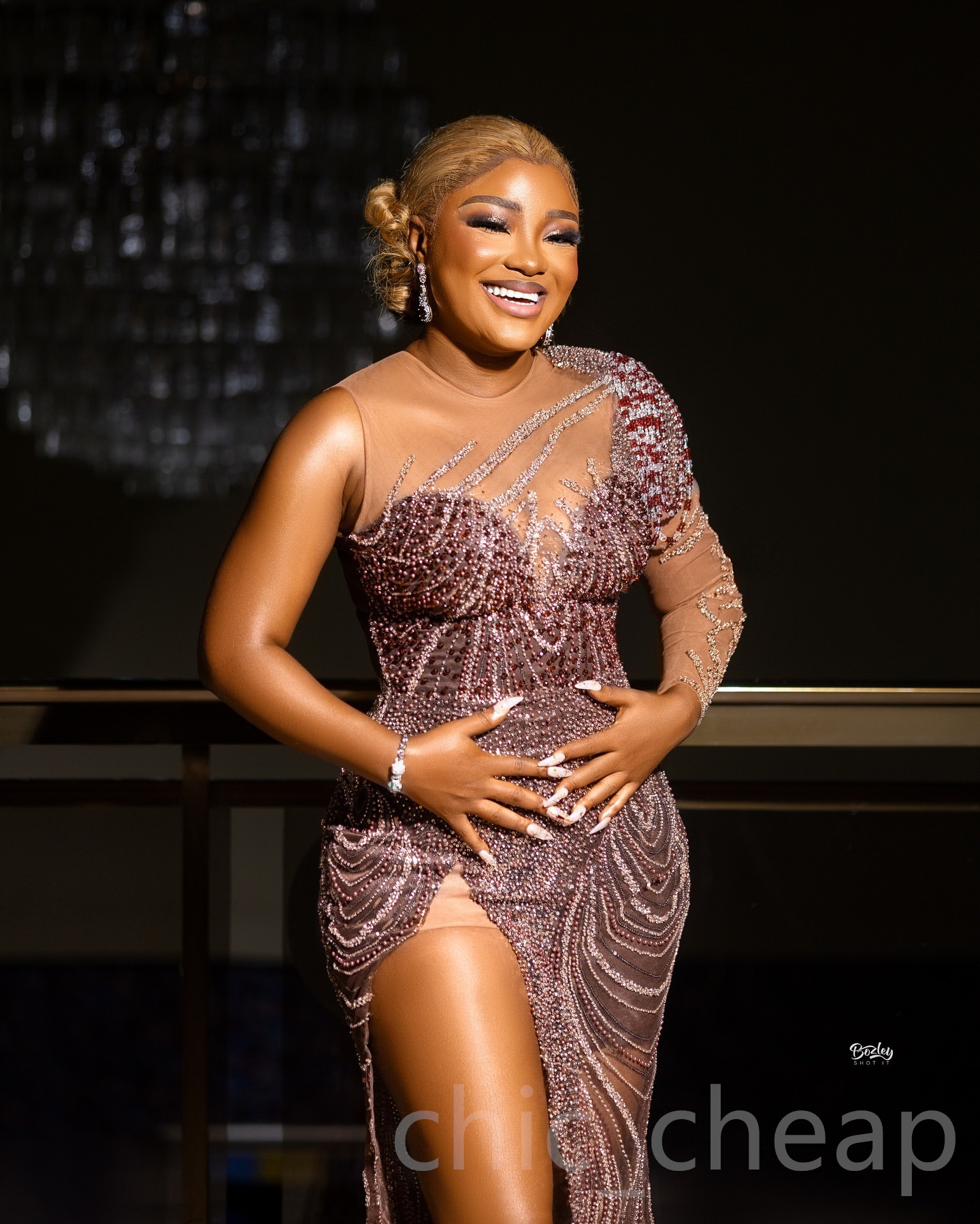 Aso Ebi 2024 Brown Illusion Mermaid Prom Dresses Beaded Sequined Lace High Split Evening Formal Party Second Reception Birthday Gowns Dress For Specia