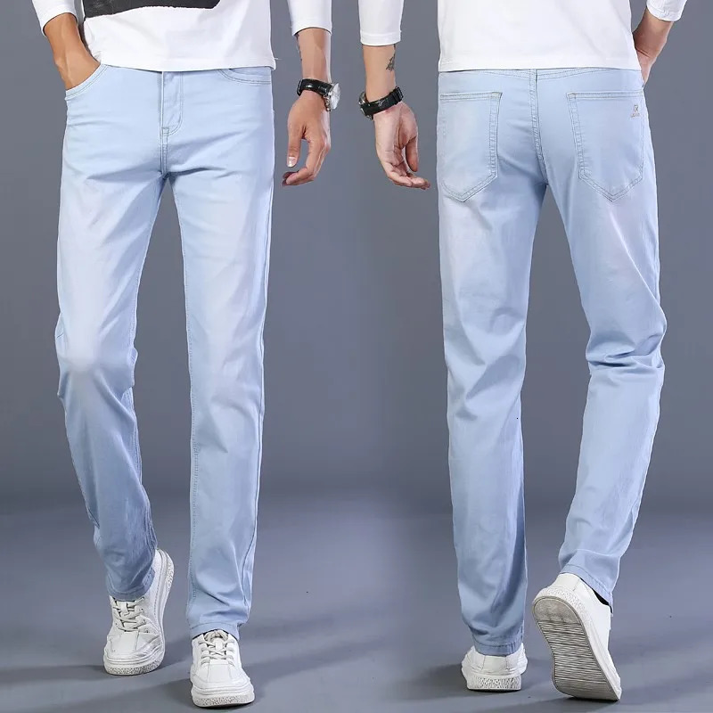 denim jeans mens classic slim fit summer autumn business casual light blue elastic cotton Trouser 240929