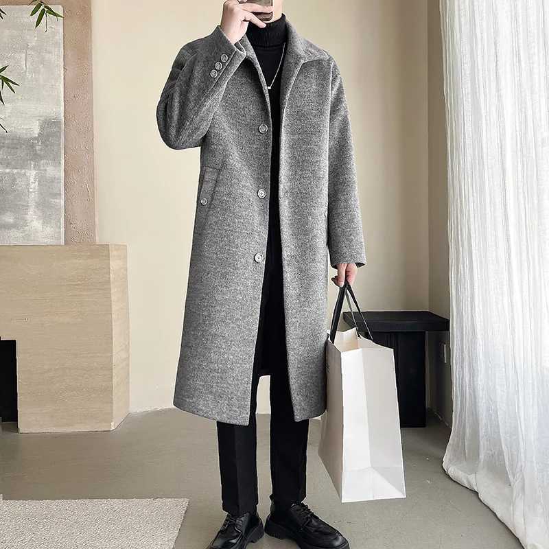 Autumn Winter Male Wool Blend Coats Fashion Long Business Casual Woolen Outwear Men Turn Down Collar Trench Coat Winbreaker Man LX241010
