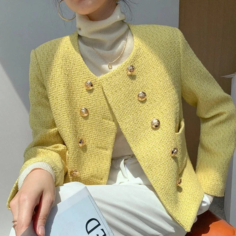 Autumn yellow coarse woolen womens jacket temperature version short sleeved womens jacket Korean fashion elegant winter jacket women 240930