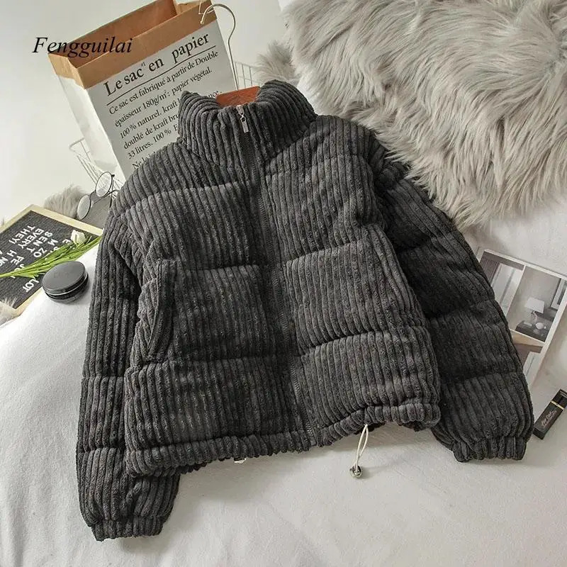 Korean Style Winter Corduroy Short Jacket for Women Black Loose Coats Casual Bread Warm Girl Oversize Coat Thick Parkas 240930