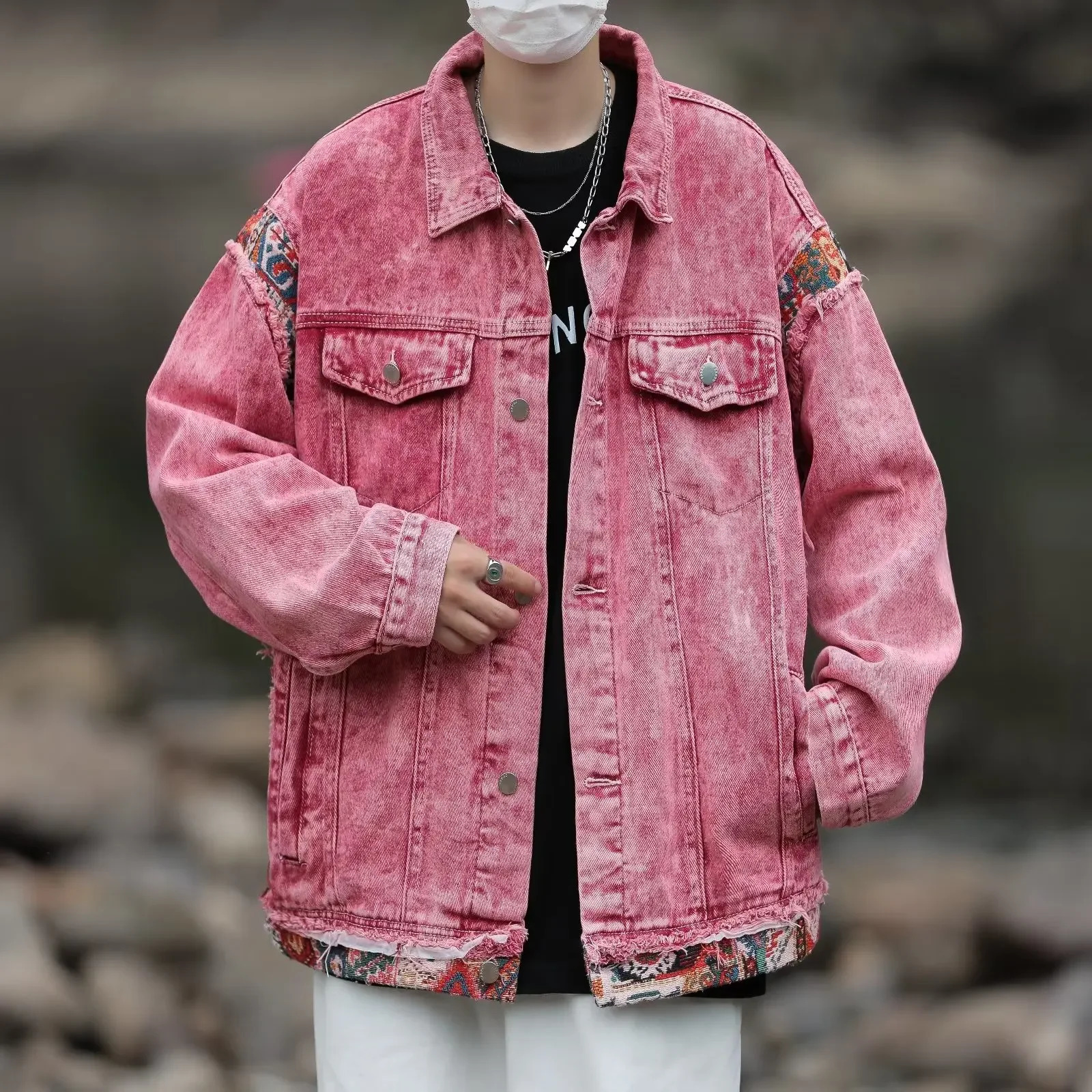 Fashion denim jacket for men and women Hong Kong style spring and autumn sexy red unique edge workwear jacket 241007