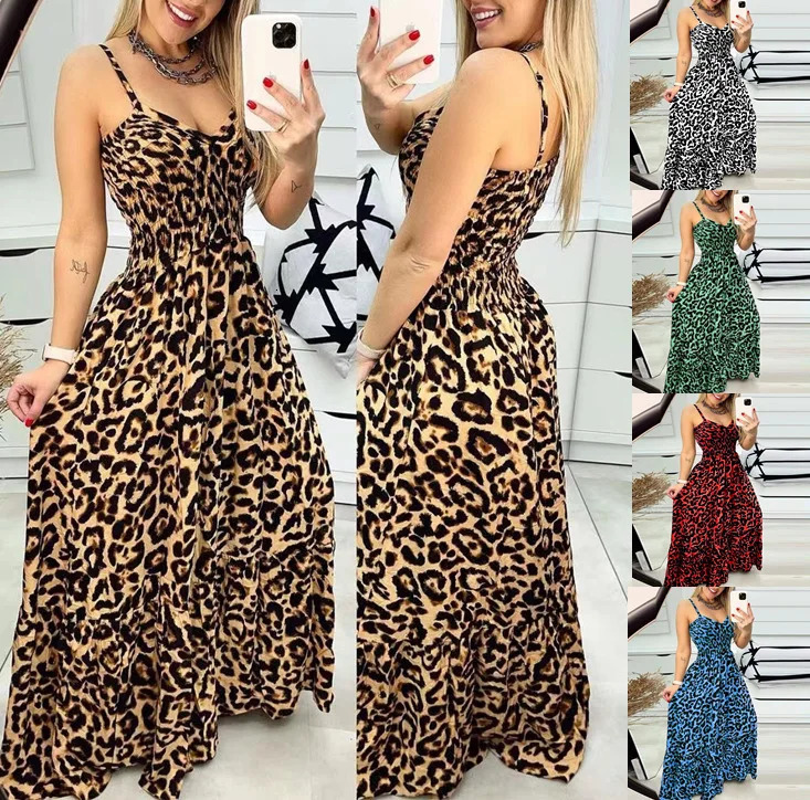 Summer leopard print camisole Vneck dress high waisted skirt sexy temperament long womens clothing plus size 241010