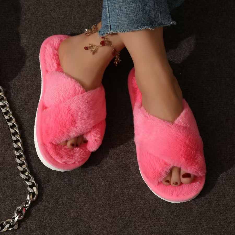 Casual Fluffy Slippers Women Home Flats Elegant Designer Shoes Girls 2024 Fashion Cotton Open Toe Platform Slides House
