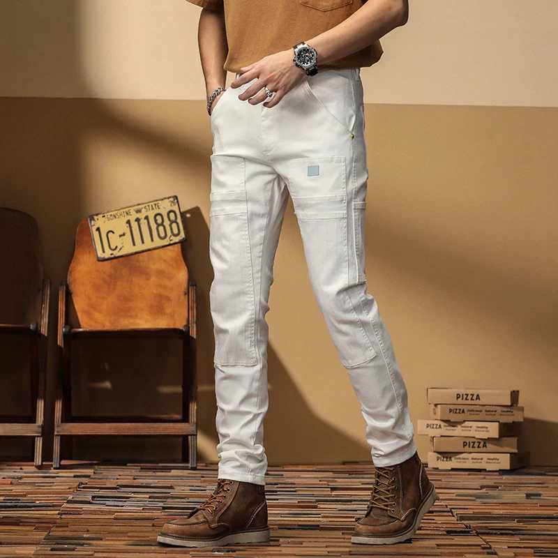 White Stitching Jeans for Men Fashion Slim Stretch Multi-pocket Personality Biker Denim Jeans Pants Trousers Male StreetwearX241009