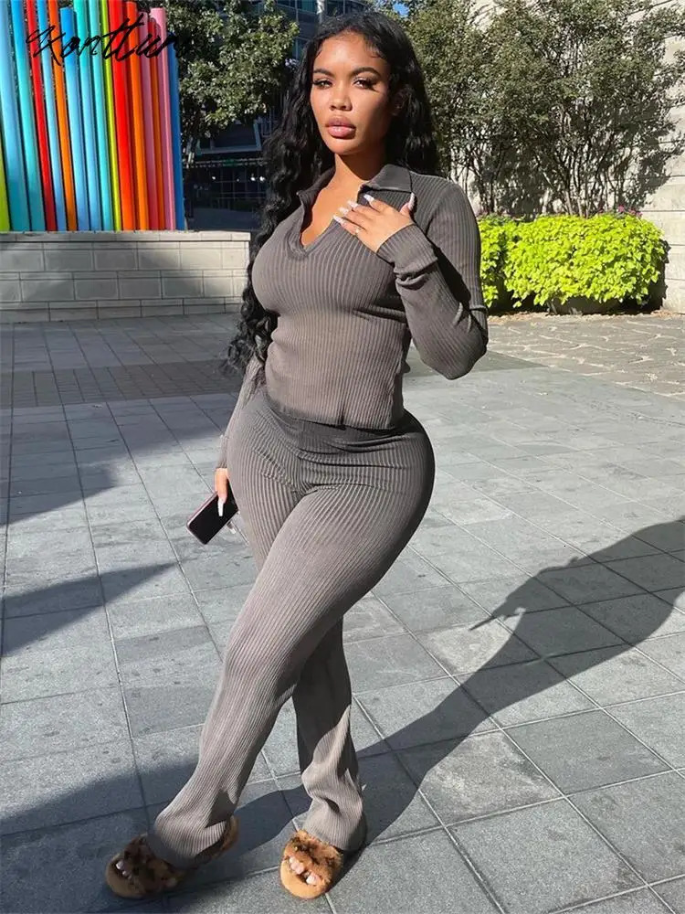 Kontturi Fall casual ribbed twopiece womens dress Vneck long sleeved top fashionable black solid pants matching set for women 241008