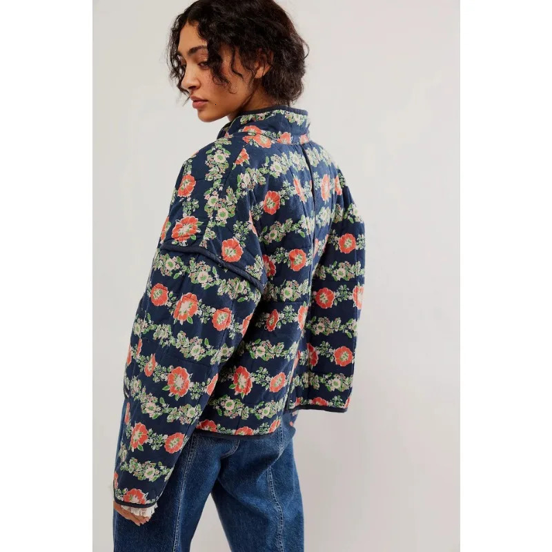 Chic Vintage Floral Print Cotton Coat Autumn Winter Women Jacket Long Sleeve Cardigan Pocket Streetwear Short Quilted 240930