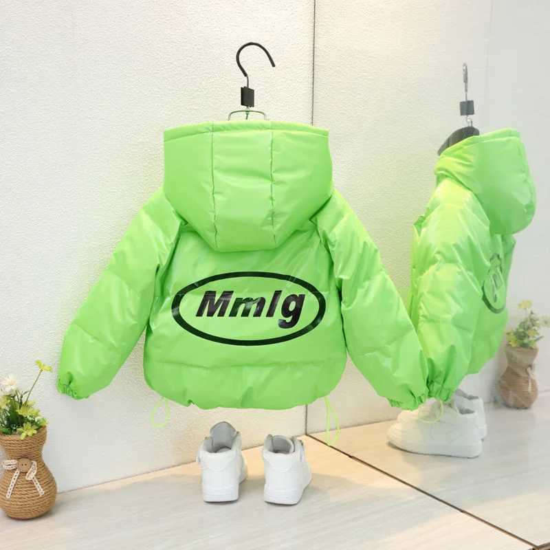 Down Coat Fashionable new girl boy jacket winter warm thick down jacket baby shiny letter printed jacket clothing hooded apron jacket H241010