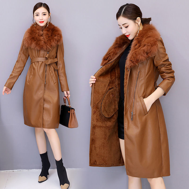 PU Leather Fur Collar Winter Coat Women Solid Adjustable Waist Mid-Length Slim Jacket 2023 New Fashion Lady Casual Warm Outwear