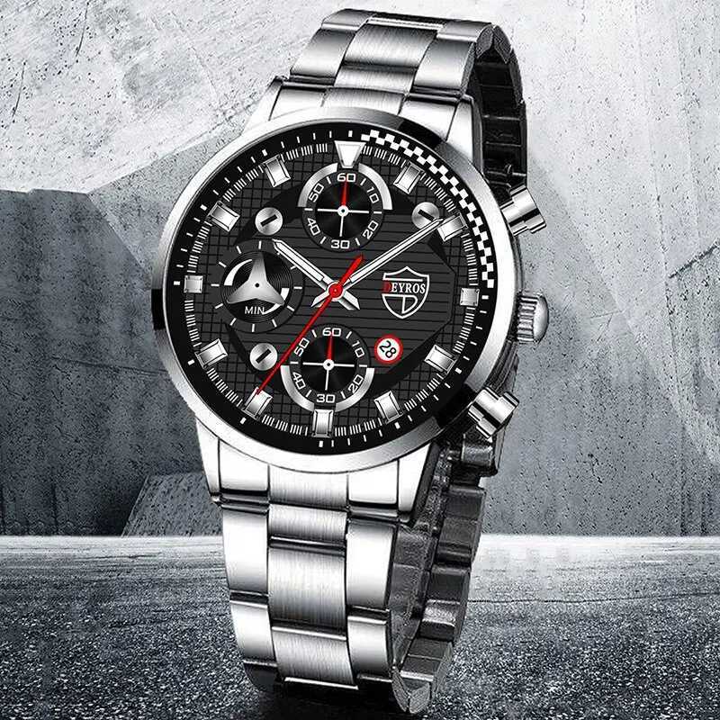 2PCS Fashion Mens Gold Bracelet Watches Set Men Business Stainless Steel Quartz Watch Male Calendar Date Wristwatch Reloj HombreX241010