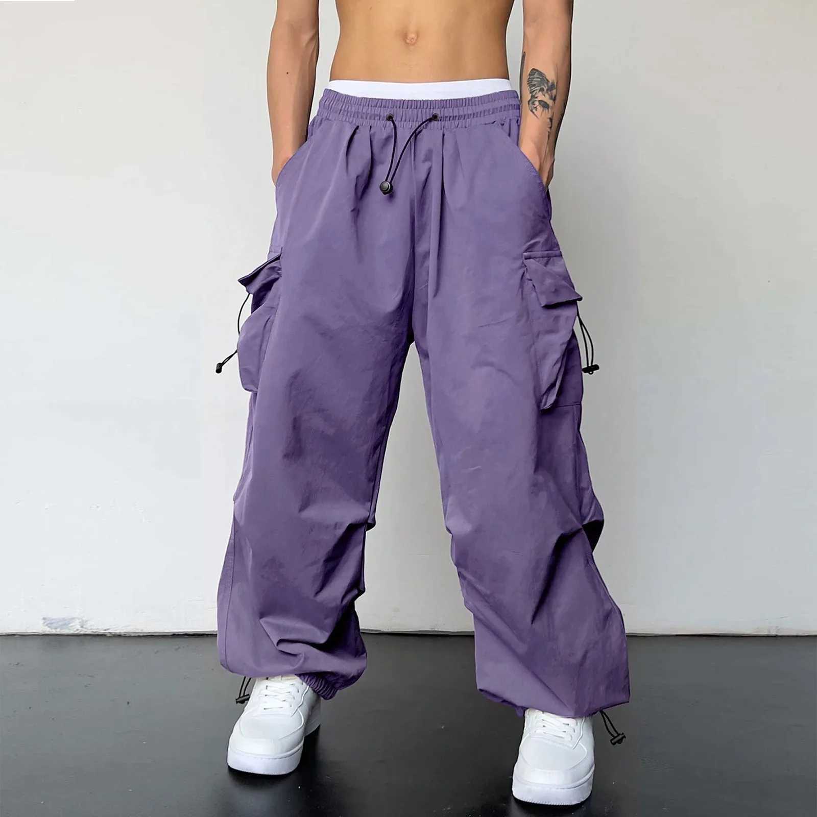 Commodity pants Harajuku mens oversized streetwear hip-hop wide leg runner pocket pants solid elastic waist multiple pockets Trouser W241009