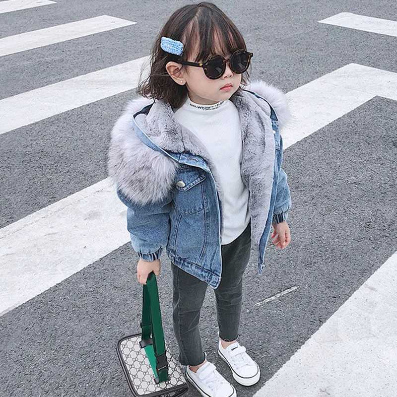 Down Coat Winter Baby Denim Jacket with Fur Warmth for Preschool Girls Plush Denim Jacket Cotton 1-5 Year Old Baby Girls Parka H241010