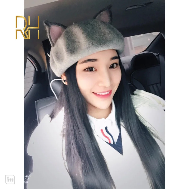 Retro Womens Cute Fox Ear Woolen Beret Caps Real Wool Casual Warm Painter Hat Handmade Nick Cat Ear Beret Hat Gift RH 241009