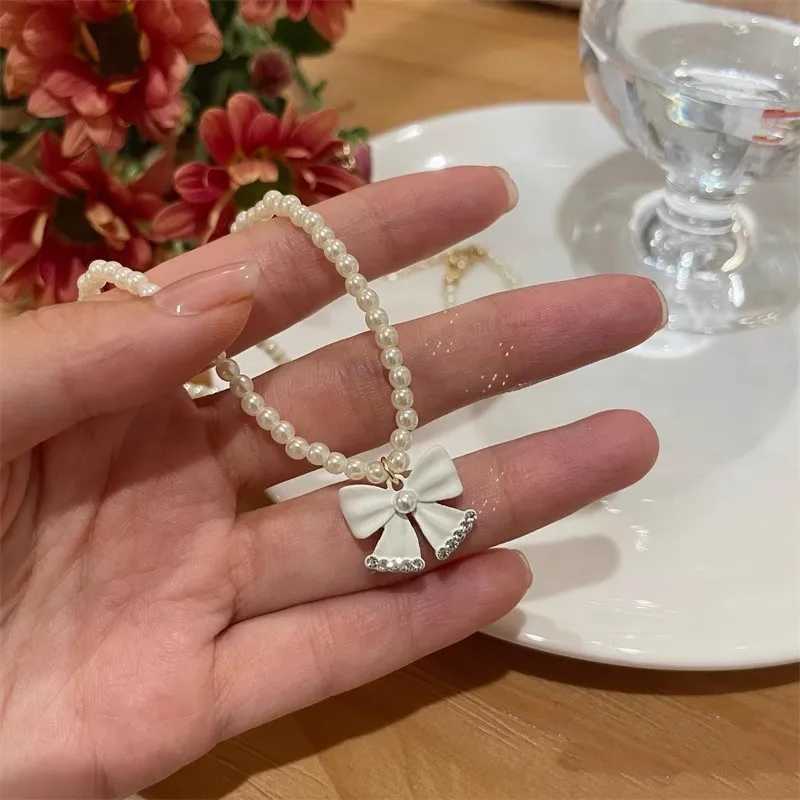 Pearl Bow Necklace Womens Beaded Clavicle Chain Choker Necklace Accessories Necklace for Women AnniversaryX241009