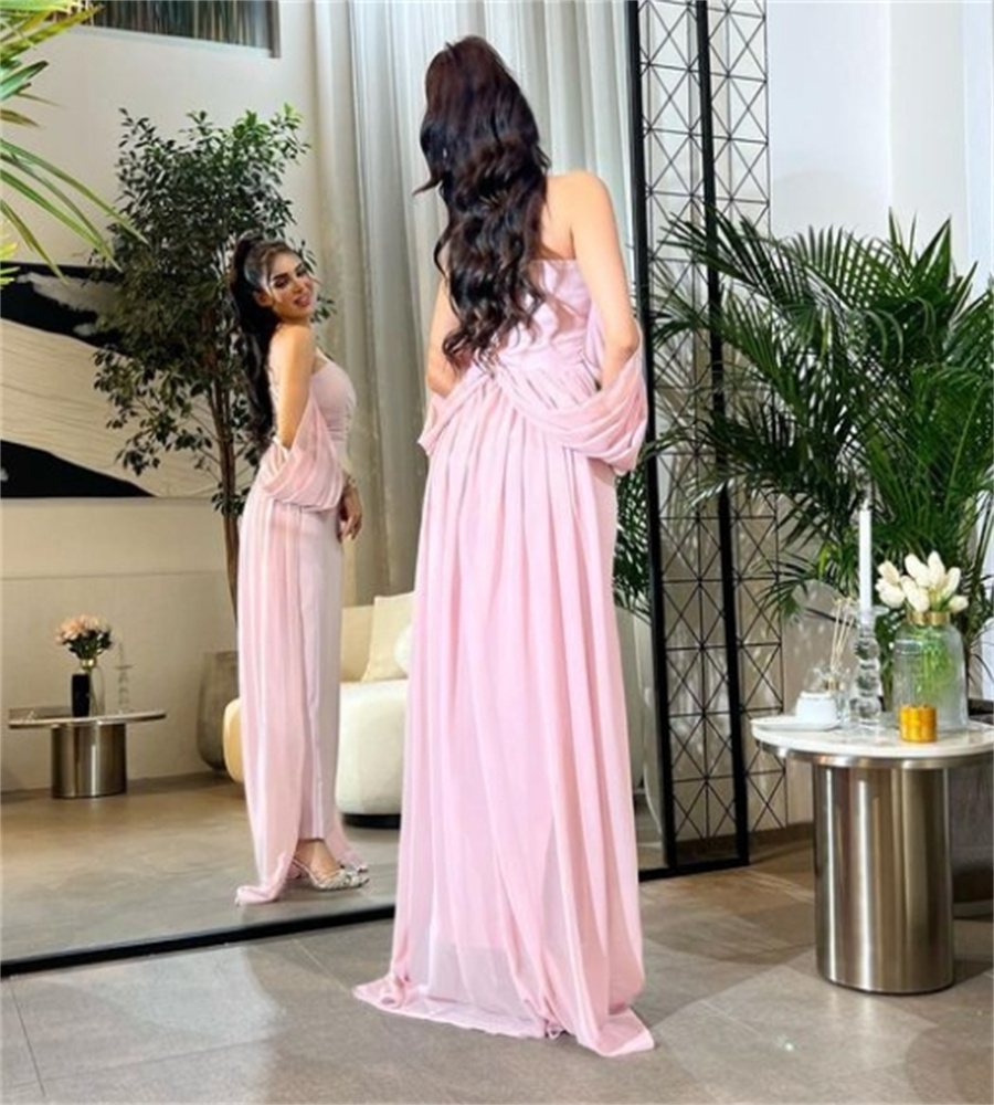 Charming Pink Saudi Arabic Evening Dress With Train Elegant Strapless Abaya Turkey Prom Dress 2025 Engagement Birthday Formal Occasion Cocktail Party 