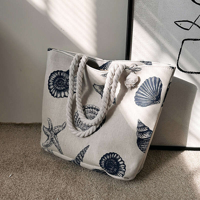 Creative printing large new casual and fashionable canvas women's bag, Korean version single shoulder diagonal cross thick rope beach bag