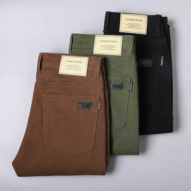 Denim Jeans For Men Coffee Green Black Straight Cotton Stretch Comfort Casual Pants Solid Cool Business Plus Size 28-42 44X241009