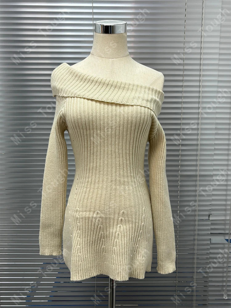 Off Shoulder Sweet Y2k Sweater Women Slash Neck Ruffles Knitted Slim Elegant Tops Female Korean Fashion Casual Pullovers 2024 241010