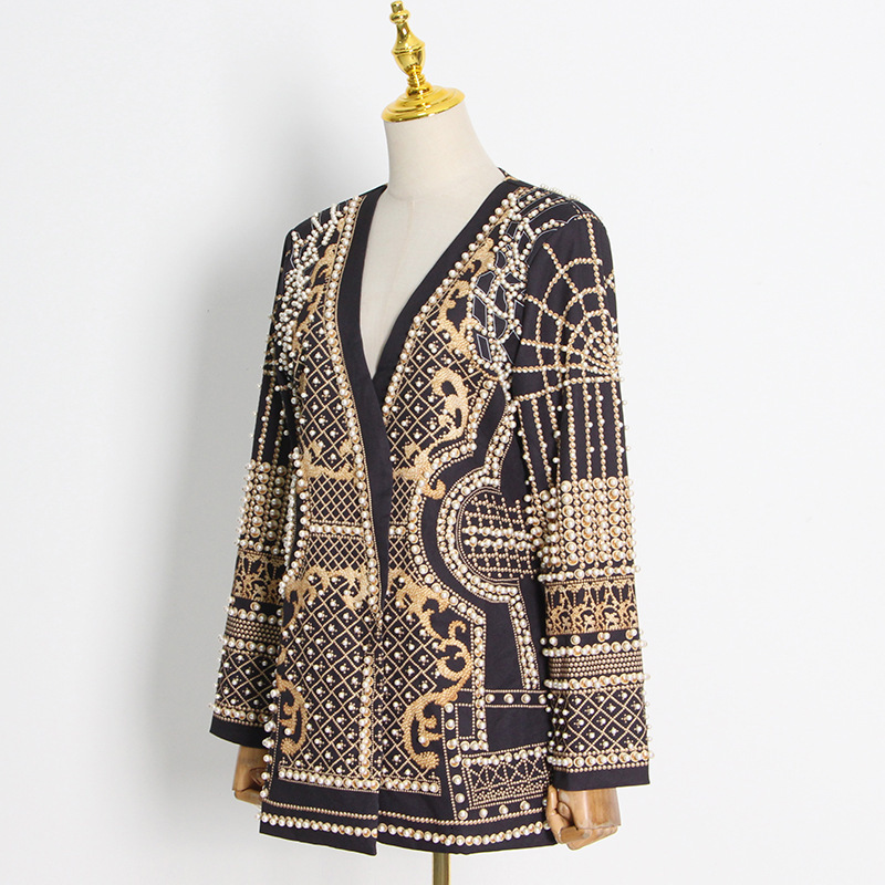 french petite suit 2024 new fashion vneck nail bead print long sleeved highend suit jacket for women