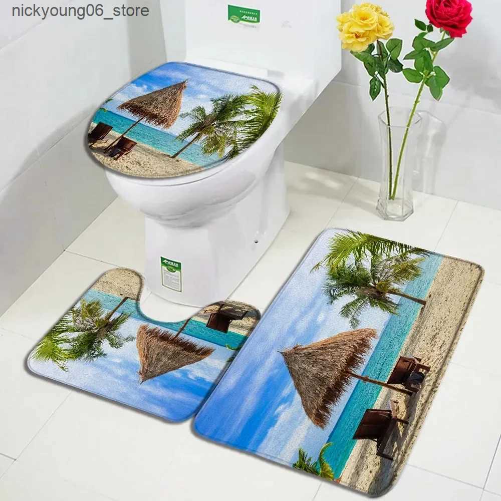 Non-Slip Bath Mats Sea Waves Beach Bath Mat Set Green Palm Leaves Ocean Hawaiian Nature Scenery Bathroom Decor Carpet Non-Slip Rug Toilet Lid Cover L2