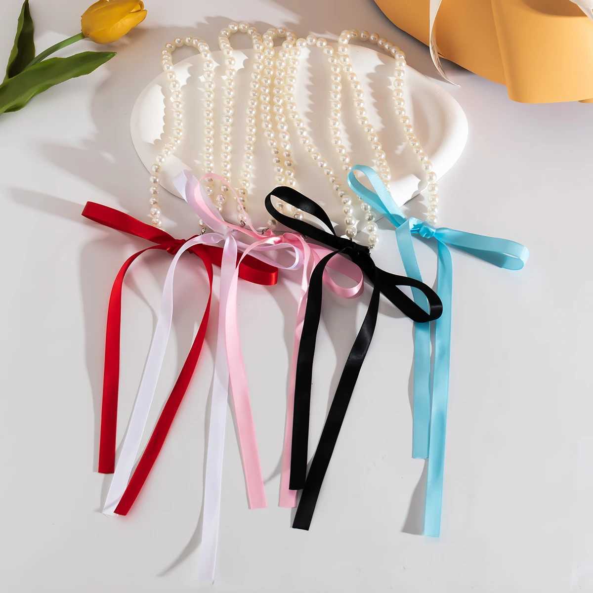 Salircon Trend Imitation Pearl Chain Short Necklace Charm Adjustable Colorful Ribbon Bow Necklace Women Wlegant Banquet JewelryX241009