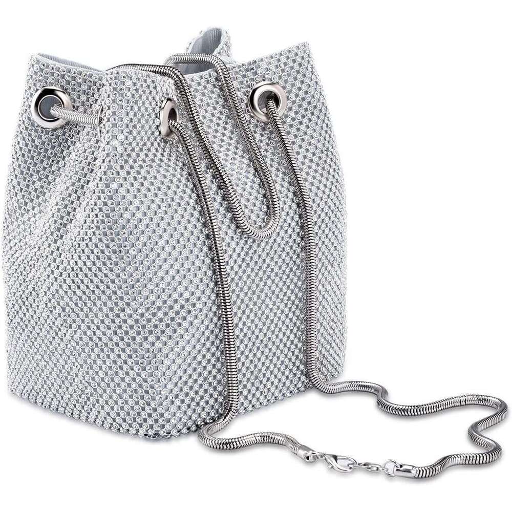 Women Rhies Crystal Clutch Mini Evening Bags Bucket Bag Party Prom Wedding Small Shoulder Cross-body Purses