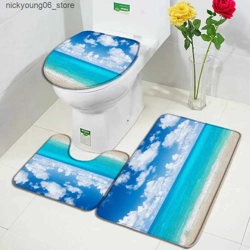 Non-Slip Bath Mats Sea Waves Beach Bath Mat Set Green Palm Leaves Ocean Hawaiian Nature Scenery Bathroom Decor Carpet Non-Slip Rug Toilet Lid Cover L2