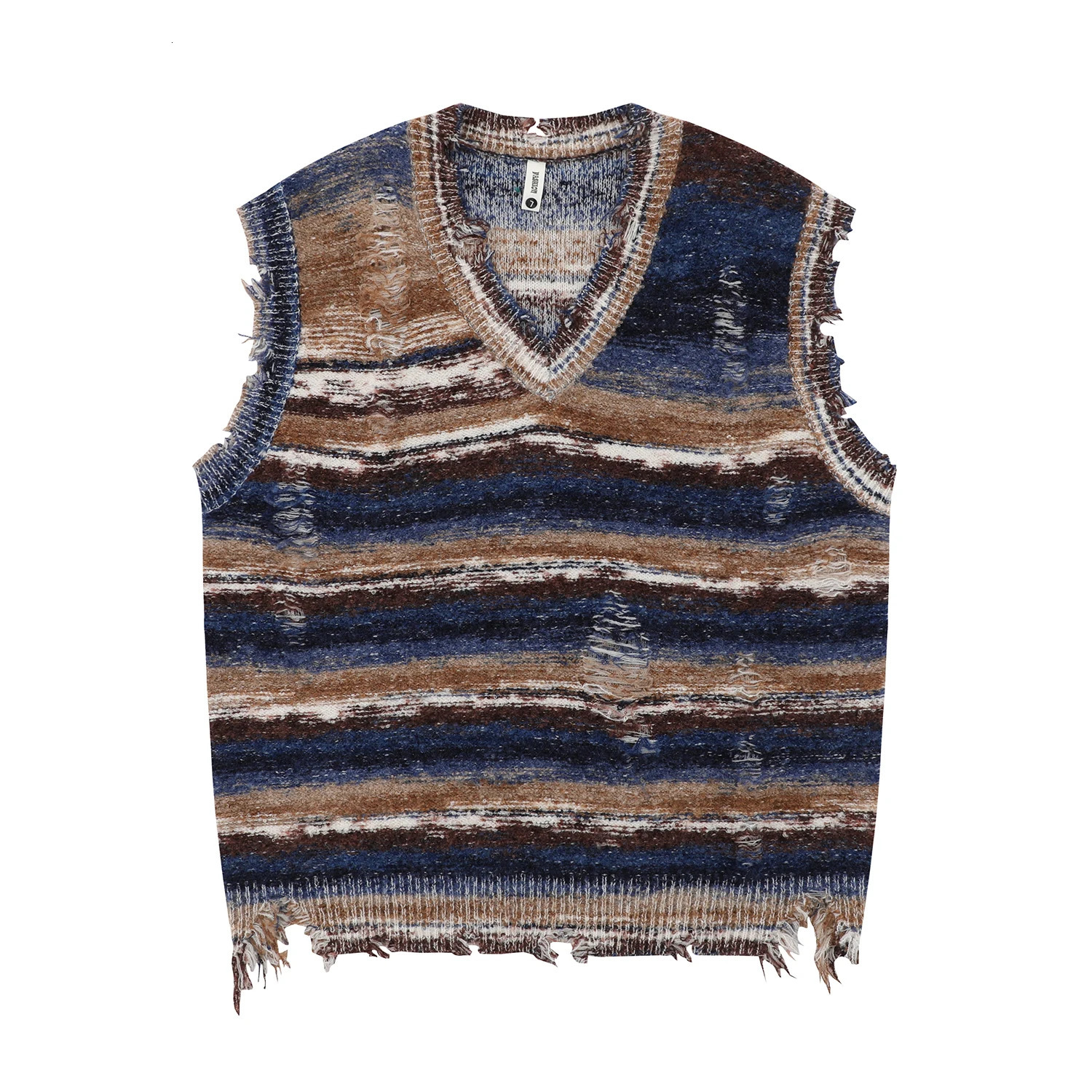 Vintage Gradient Stripe Baggy Knitted Sweater Y2k Vest Washed Ripped Knitwears Tank Top Tie Dyeing V-Neck Sleeveless Pullovers 241007