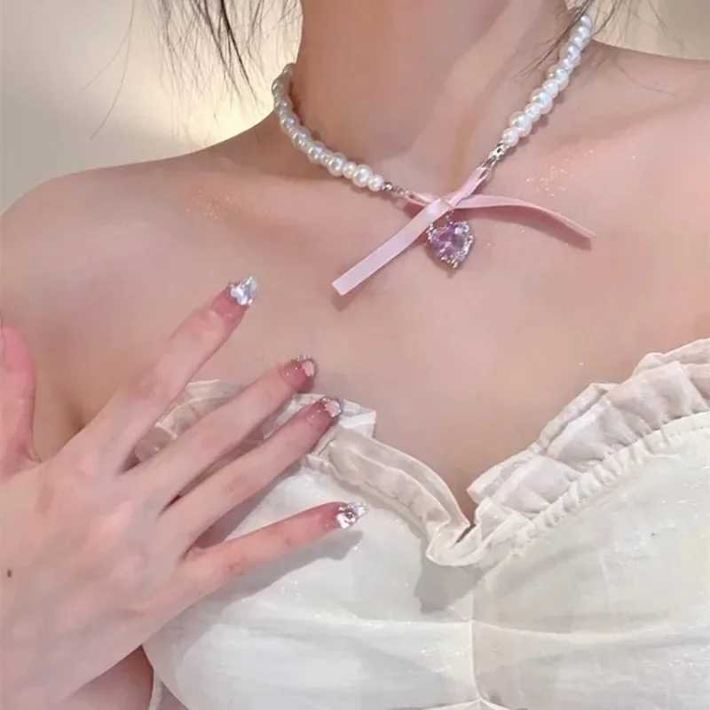 Kpop Goth Pink Ribbon Bow Imitation Pearl Beads Choker Necklace Y2K Sweet Cute Heart Pendant Clavicle Chain Girl Lolita JewelryX241009